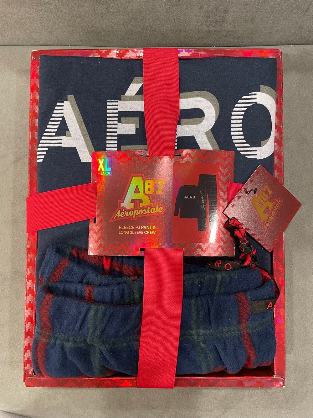 Aeropostale Mens XL Navy & Red Fleece PJ Set NEW in gift box AERO Branding